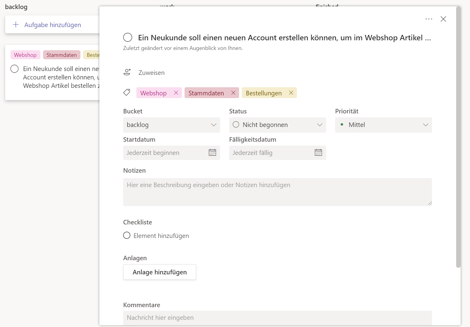 Beispiel einer User Story in Microsoft Planner