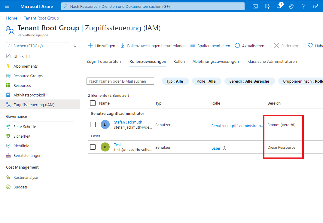 Fehlende Vererbung, bei Zuweisung über das Webinterface