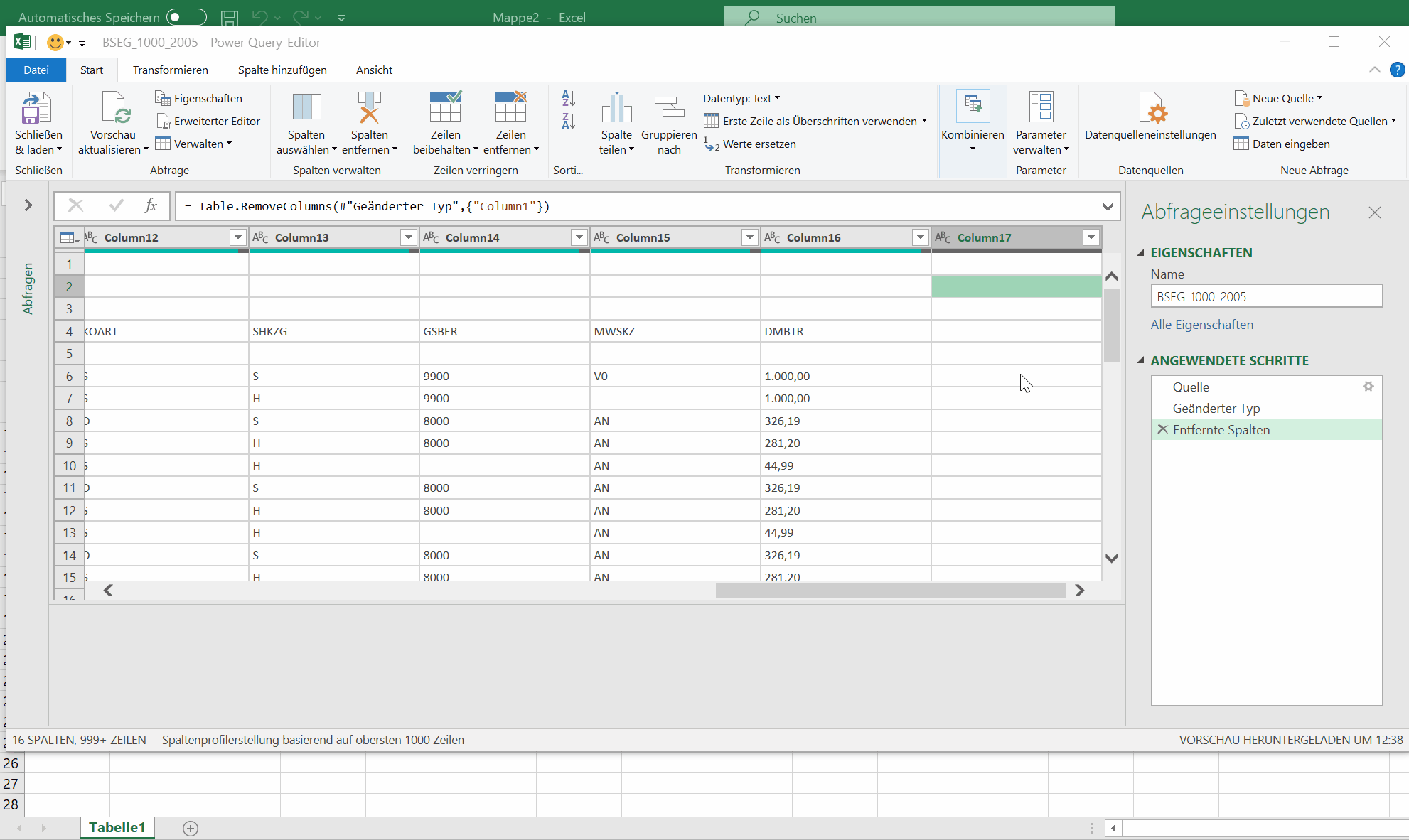 Entfernen der letzten Spalte mittels Rechtsklick
