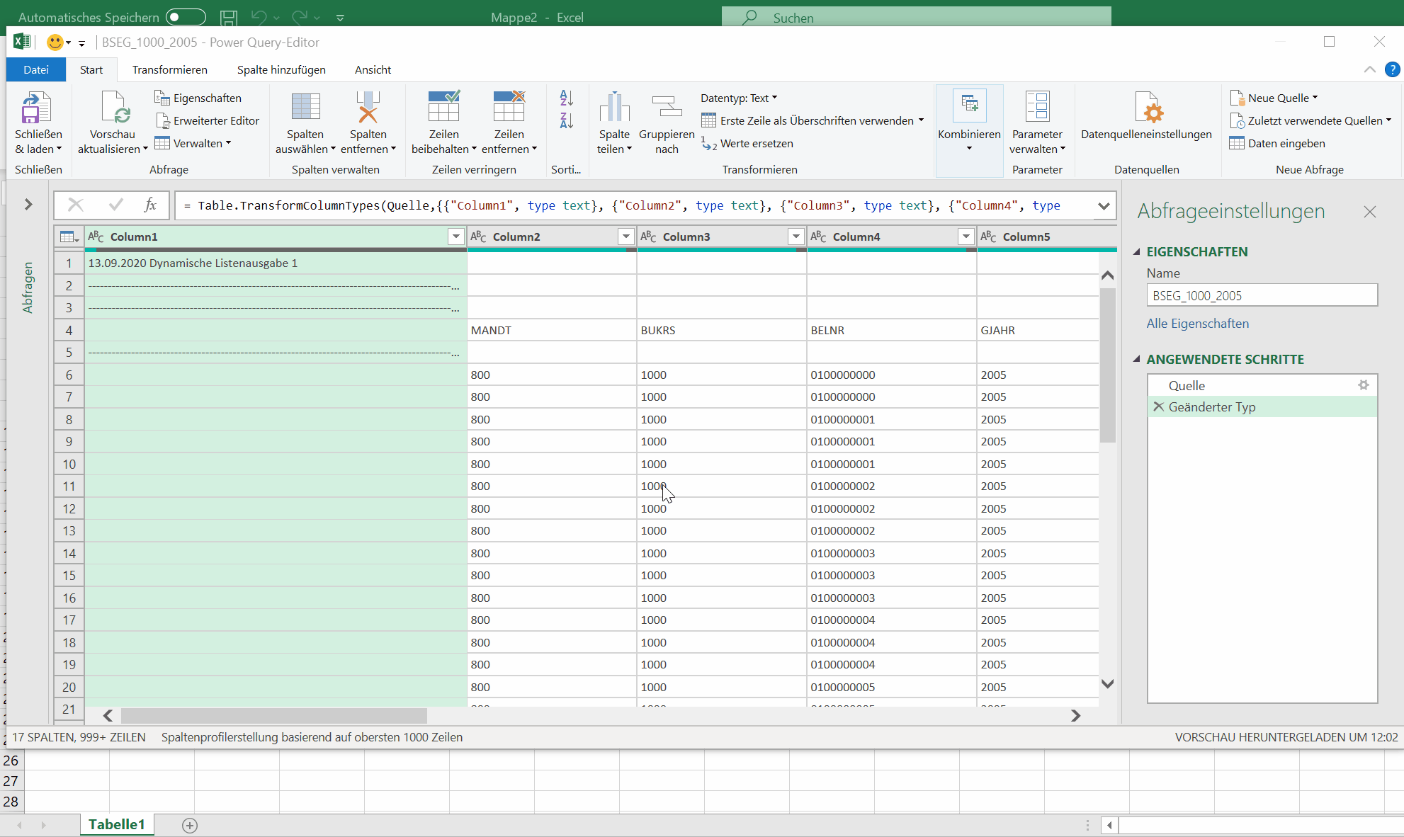 Entfernen der ersten Spalte mittels Menü