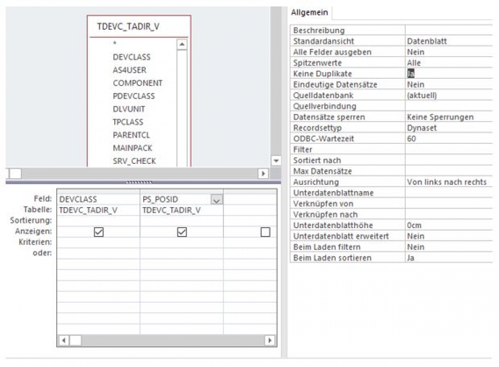 Anpassung der Abfrage mittels Microsoft® Access