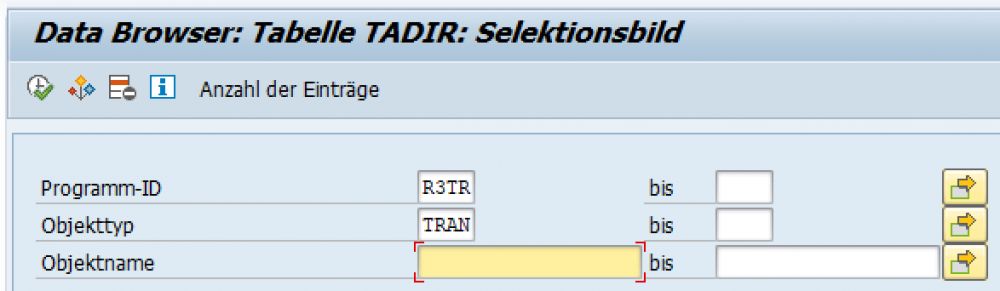 Selektionsbild der Tabelle TADIR eines SAP-Systems