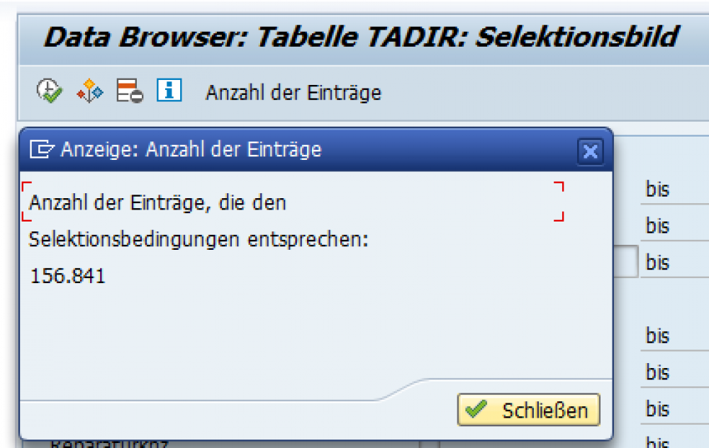 Ergebnis des Selektionsbilds für die Tabelle TADIR eines SAP-Systems