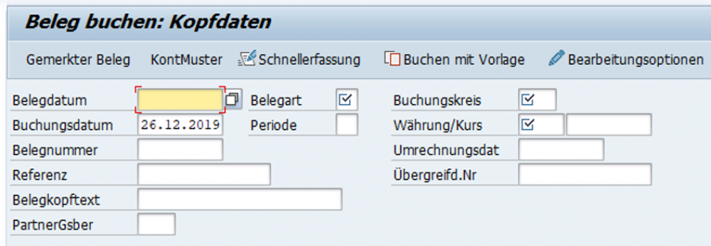 Eingabe der Kopfdaten für eine Belegbuchung