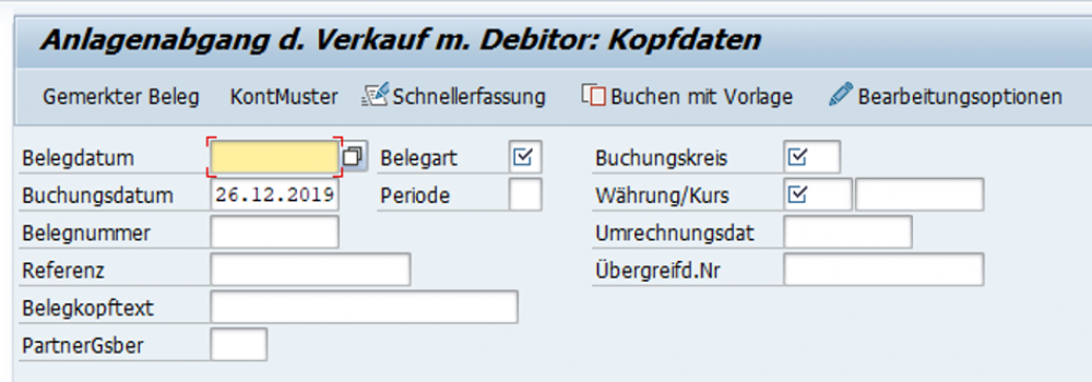 Eingabe der Kopfdaten für den Anlagenabgang